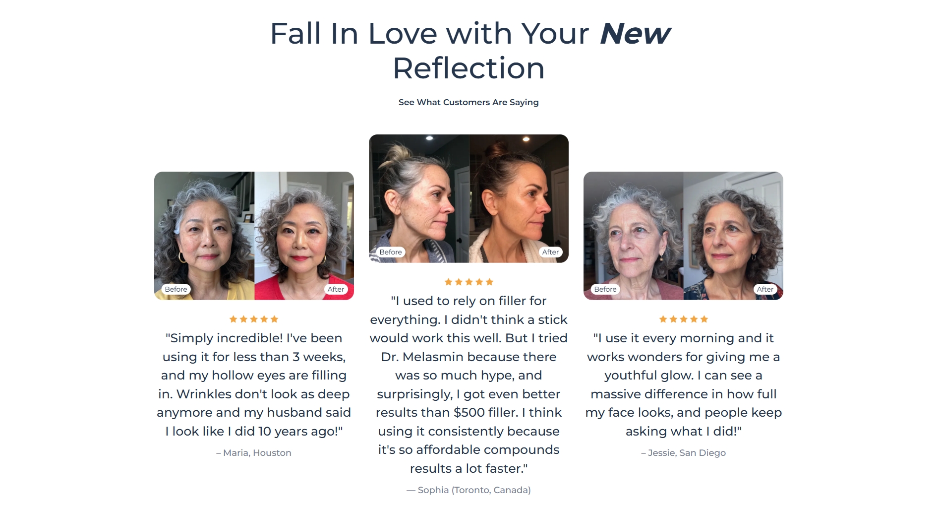 Customer result examples displayed by the Dr. Melasmin merchant