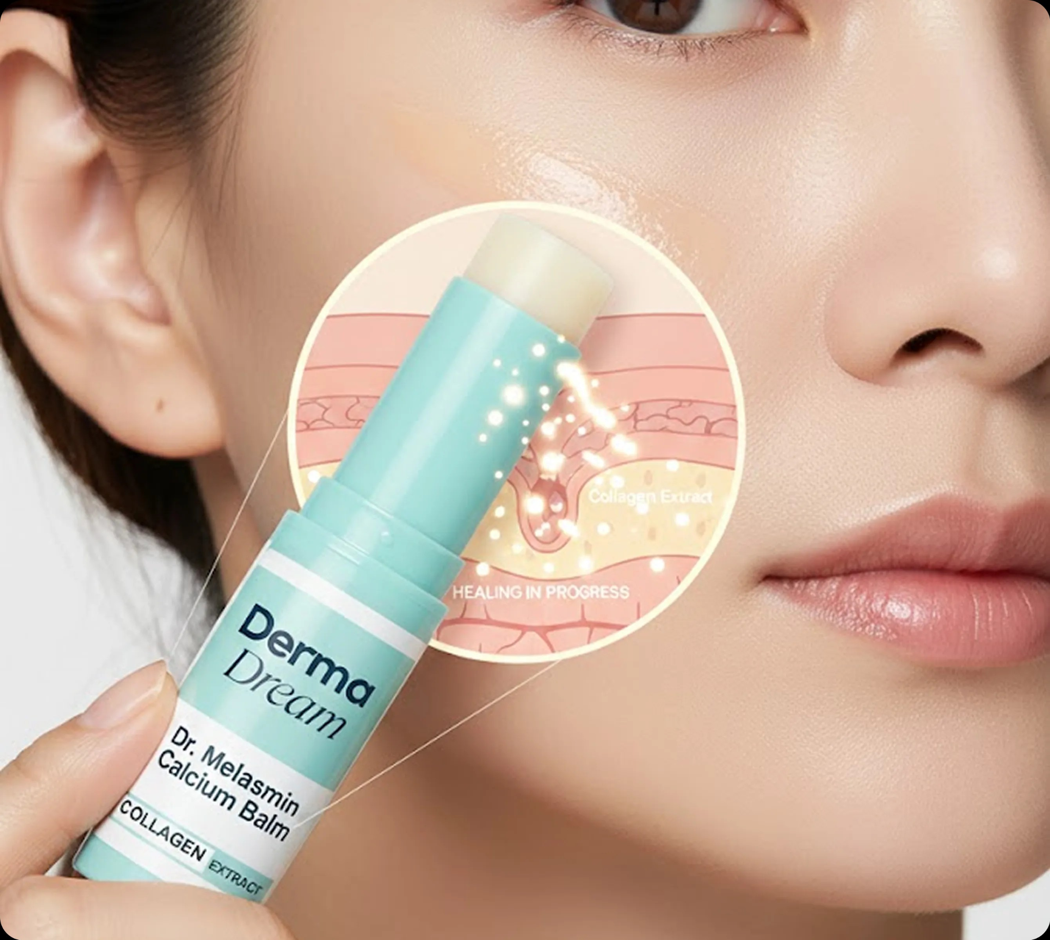 Close-up of the Dr. Melasmin Calcium Balm stick